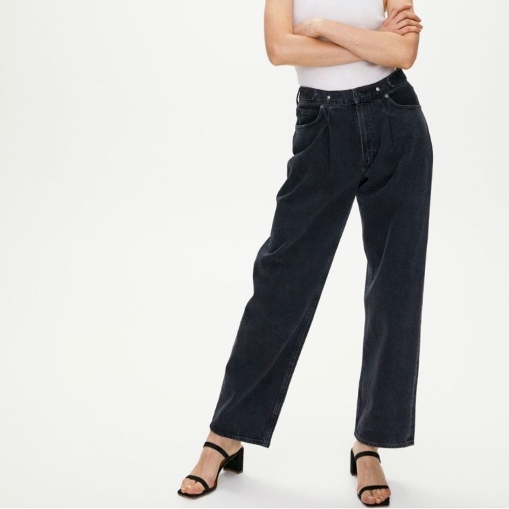 Agolde Baggy Tab Pleated Oversized Wide Leg Jeans in Cave Black, Size 24
